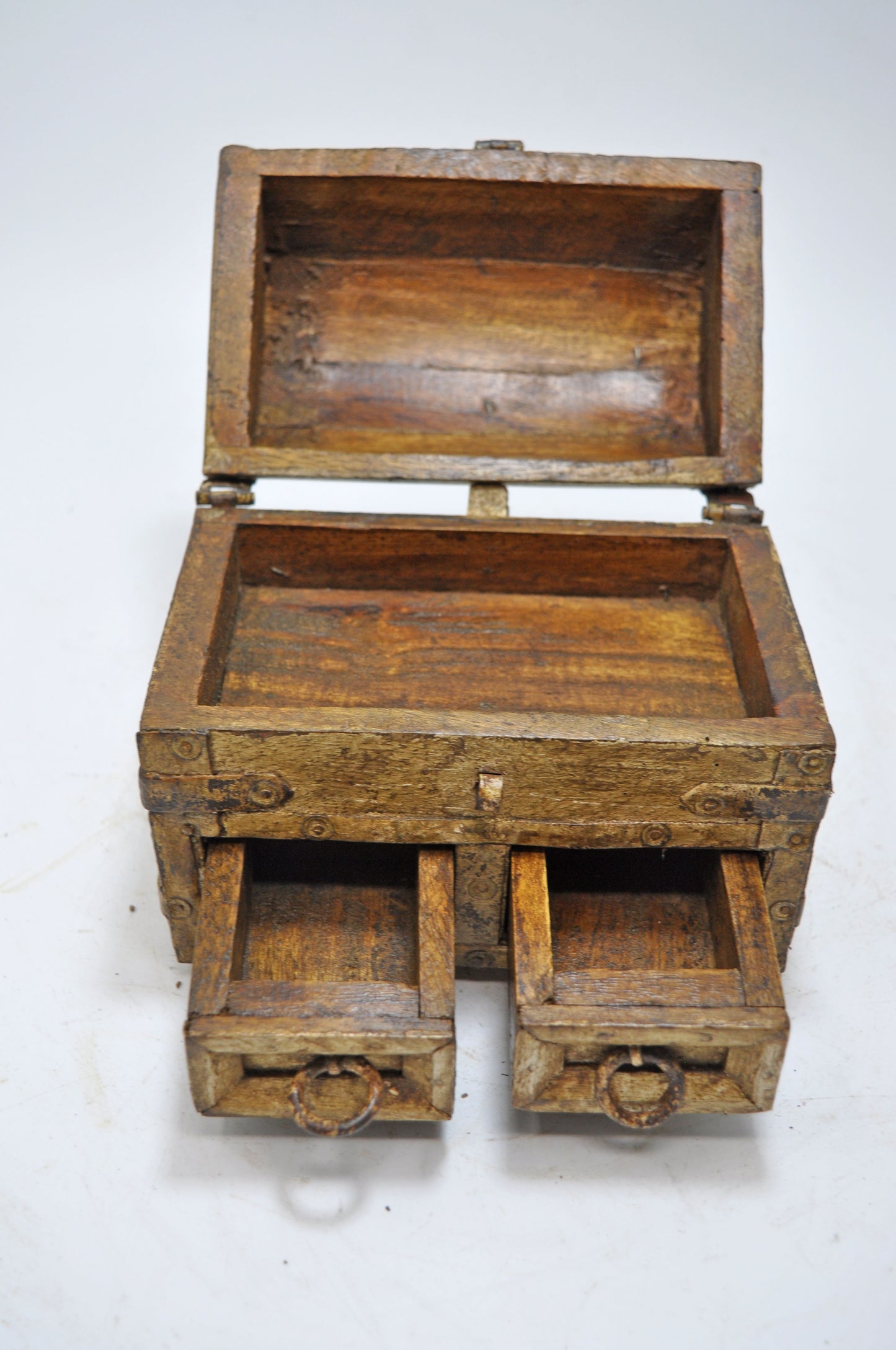 Vintage Wooden Half Round Storage Box Original Old Hand Crafted Metal Fitted