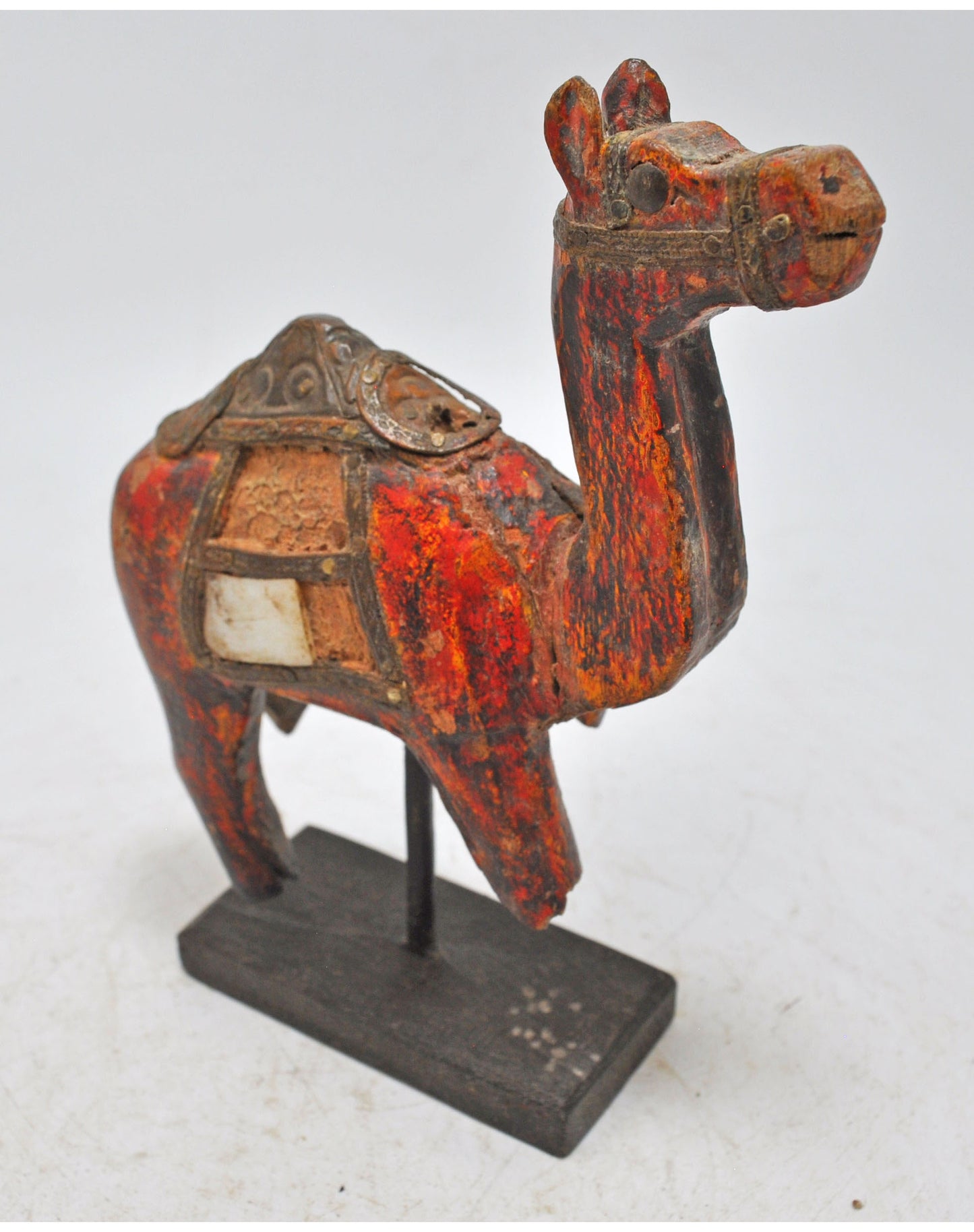 Vintage Wooden Camel Figurine Original Old Hand Carved Metal Fitted