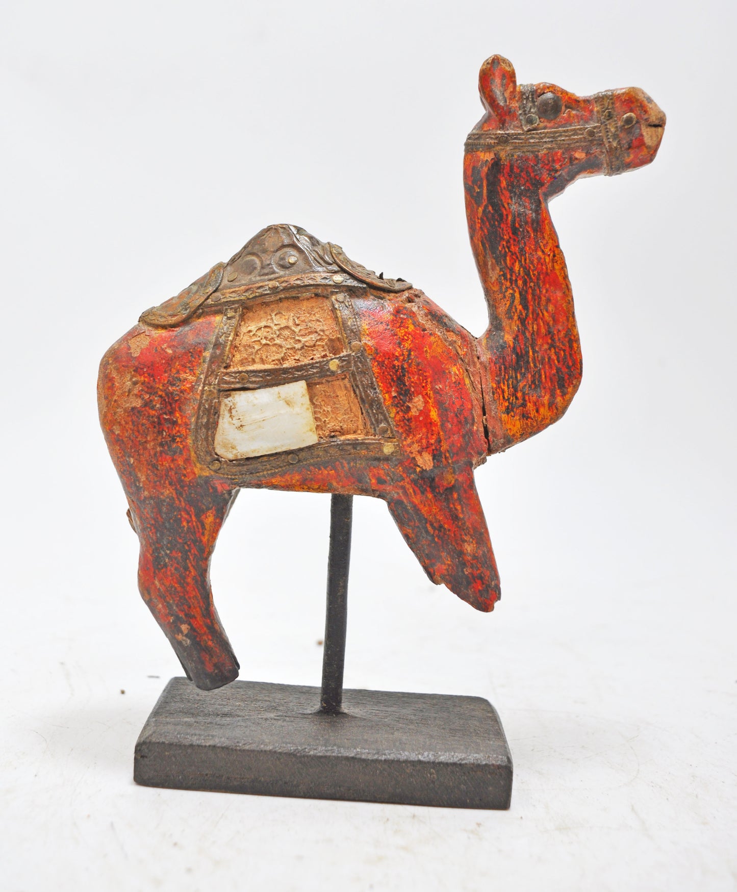 Vintage Wooden Camel Figurine Original Old Hand Carved Metal Fitted