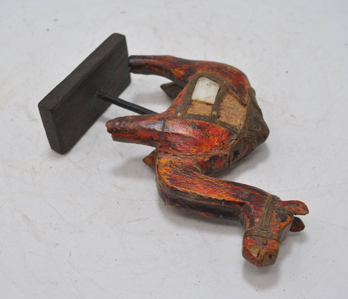 Vintage Wooden Camel Figurine Original Old Hand Carved Metal Fitted