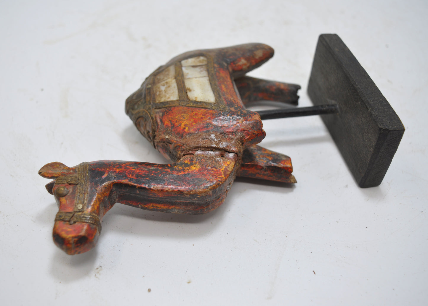 Vintage Wooden Camel Figurine Original Old Hand Carved Metal Fitted