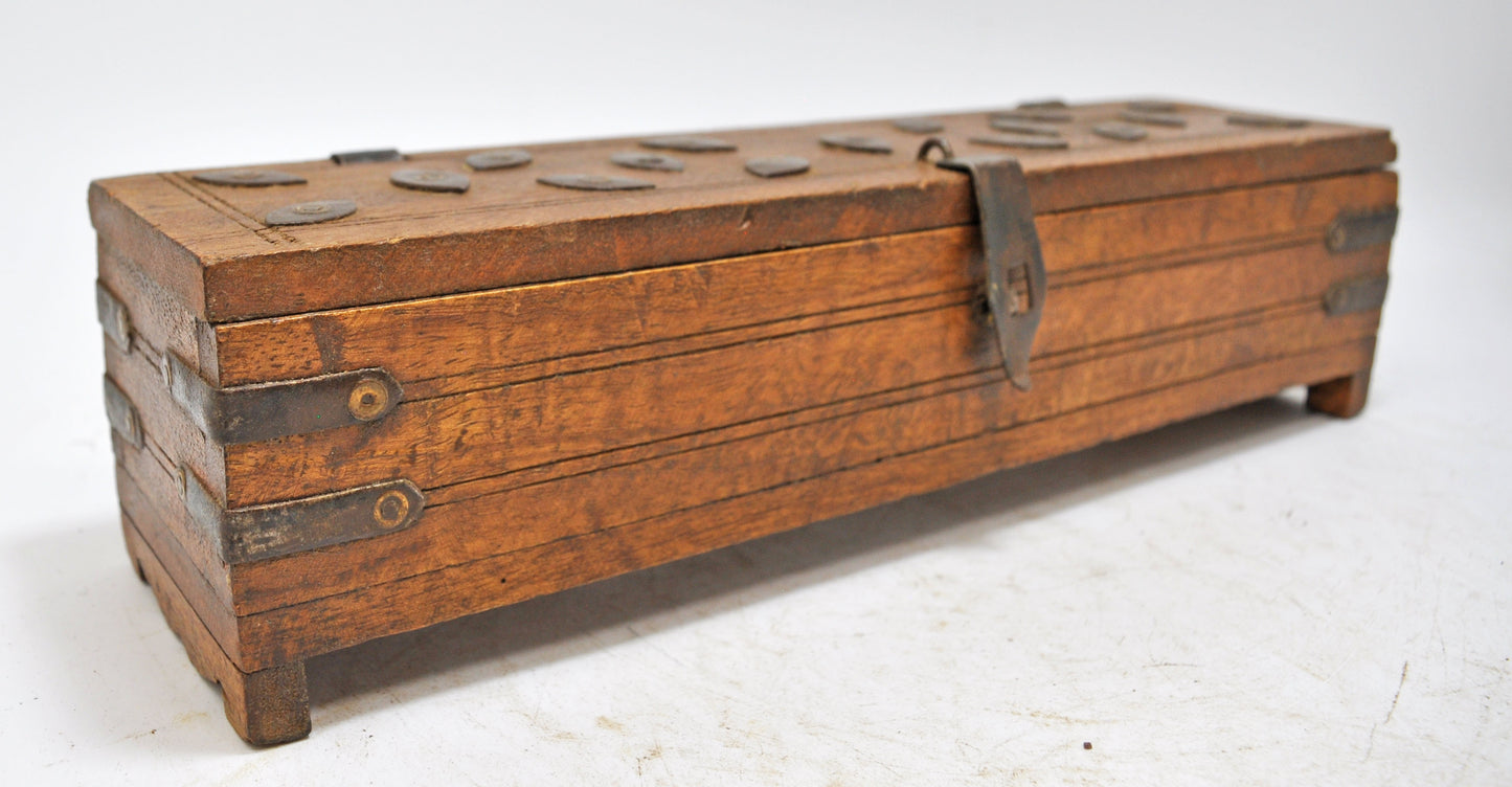 Vintage Wooden Pencil Stationary Box Original Old Hand Crafted Metal Fitted