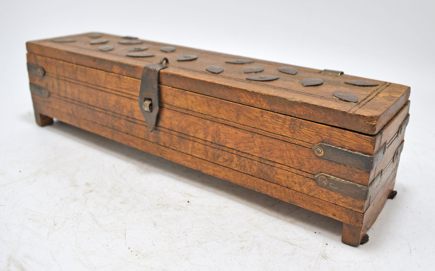 Vintage Wooden Pencil Stationary Box Original Old Hand Crafted Metal Fitted