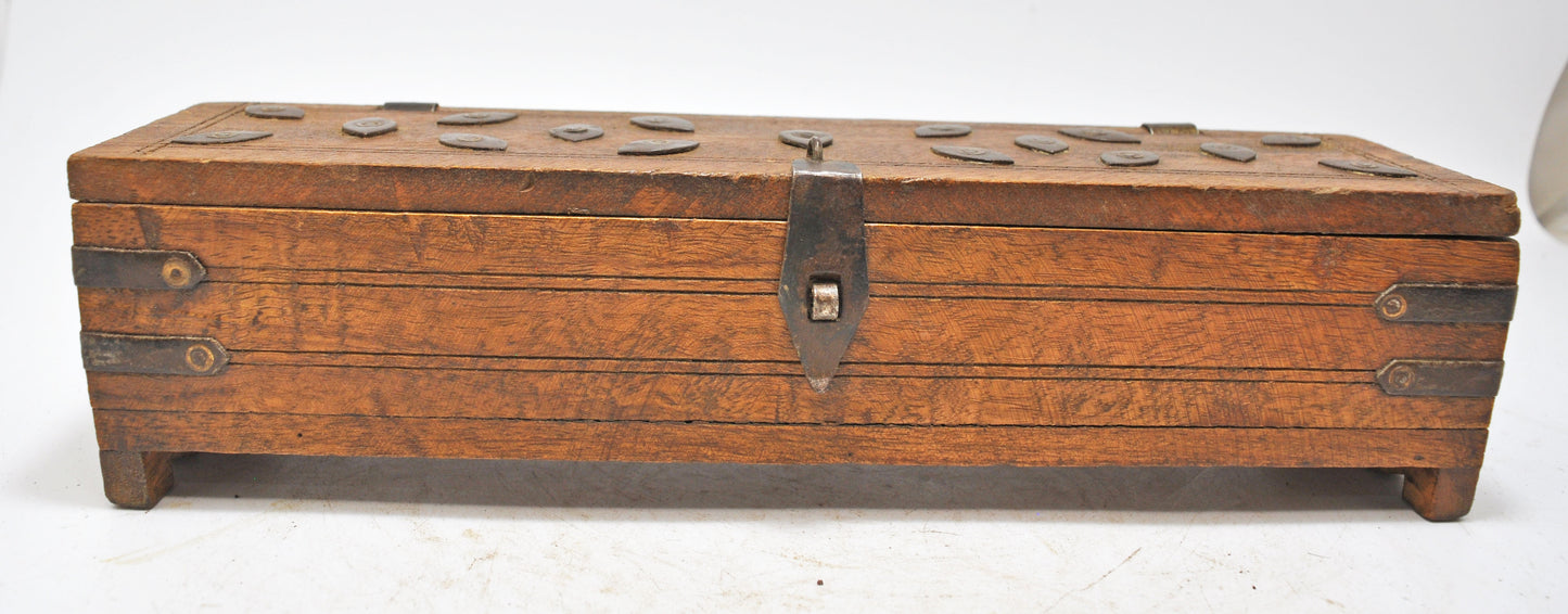 Vintage Wooden Pencil Stationary Box Original Old Hand Crafted Metal Fitted