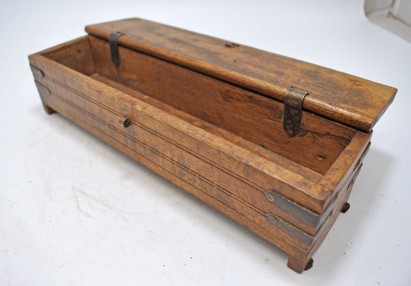 Vintage Wooden Pencil Stationary Box Original Old Hand Crafted Metal Fitted