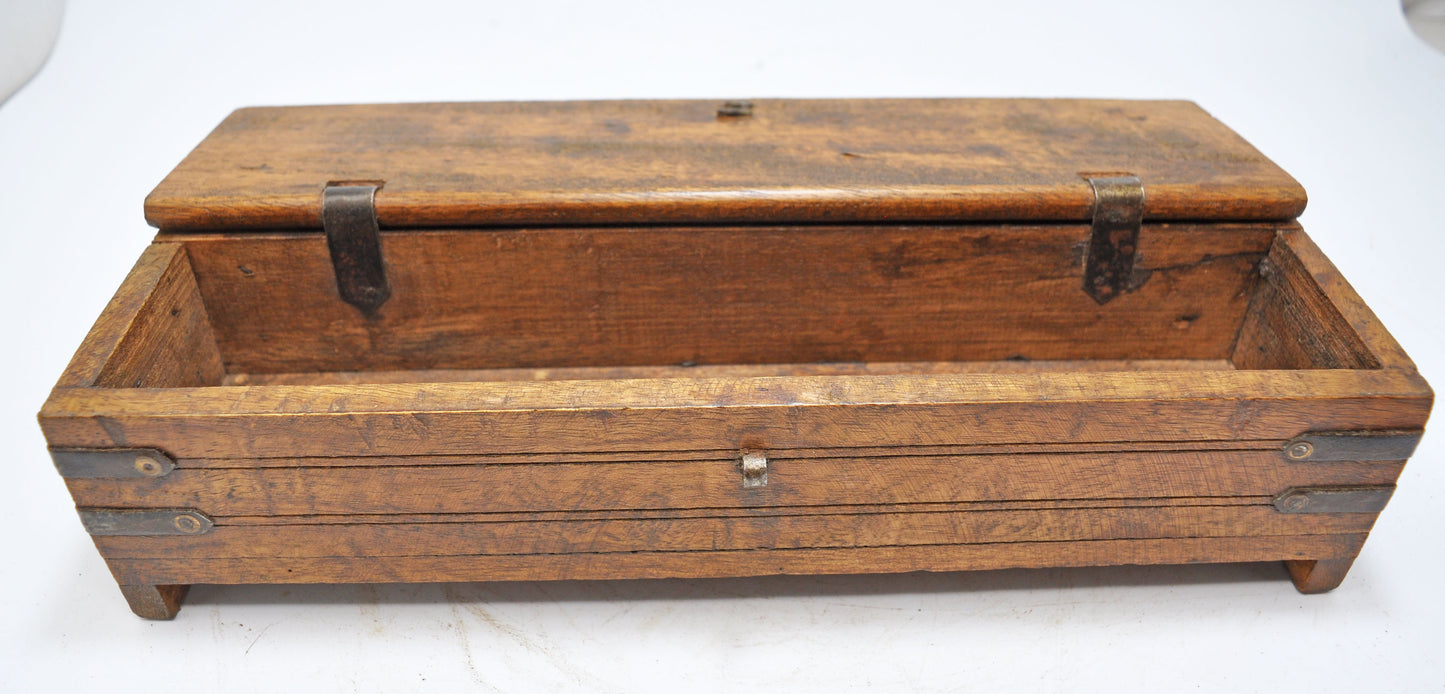 Vintage Wooden Pencil Stationary Box Original Old Hand Crafted Metal Fitted