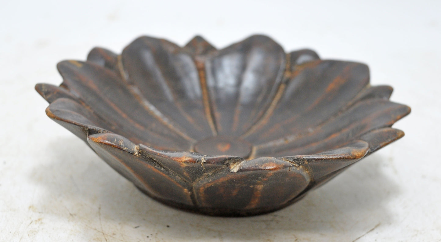 Vintage Wooden Floral Lotus Shaped Bowl Original Old Hand Carved