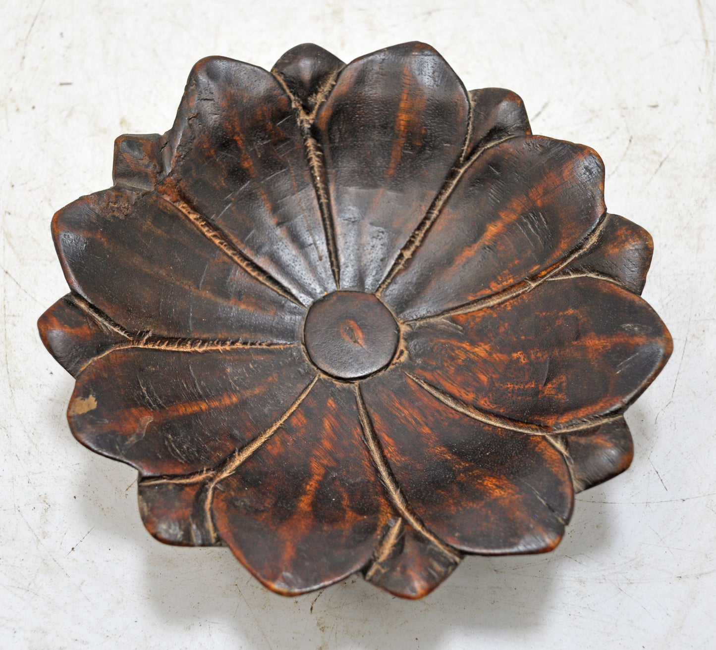 Vintage Wooden Floral Lotus Shaped Bowl Original Old Hand Carved