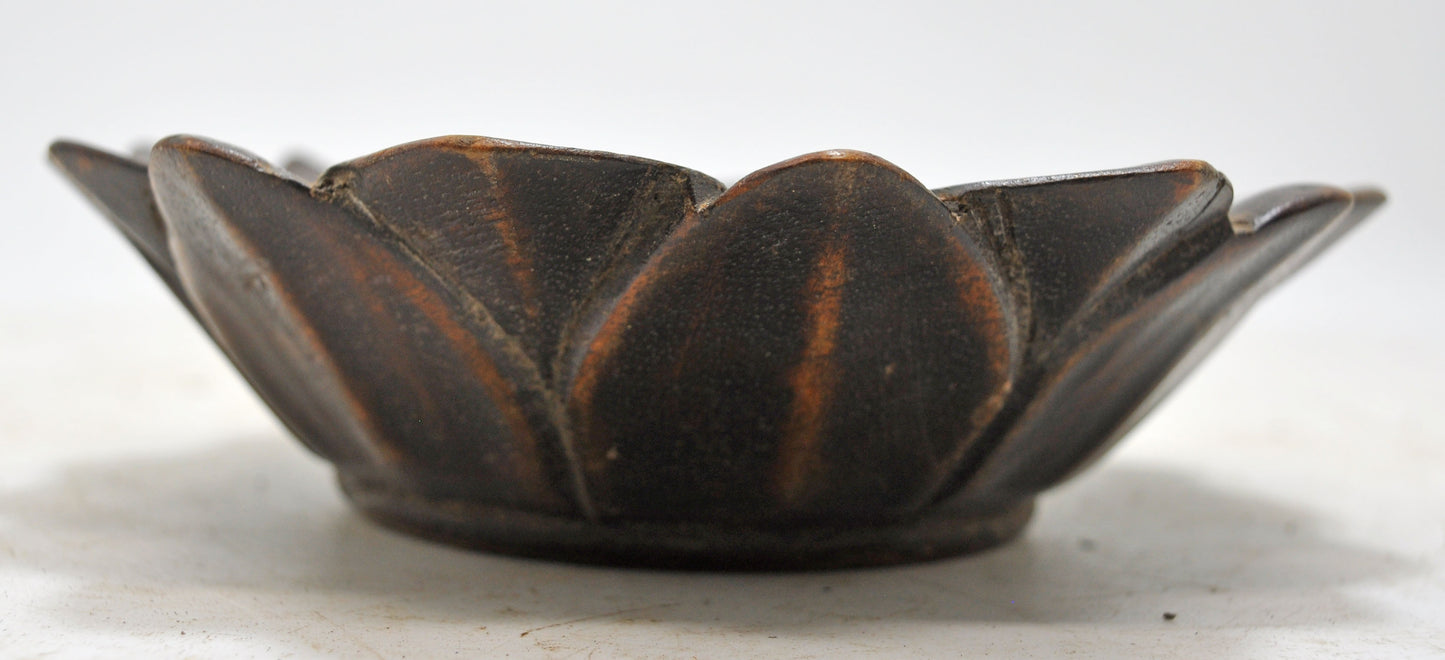 Vintage Wooden Floral Lotus Shaped Bowl Original Old Hand Carved