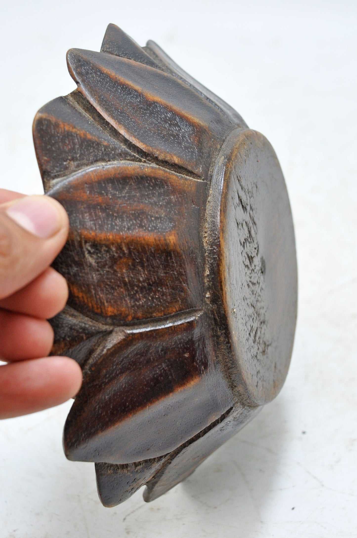 Vintage Wooden Floral Lotus Shaped Bowl Original Old Hand Carved