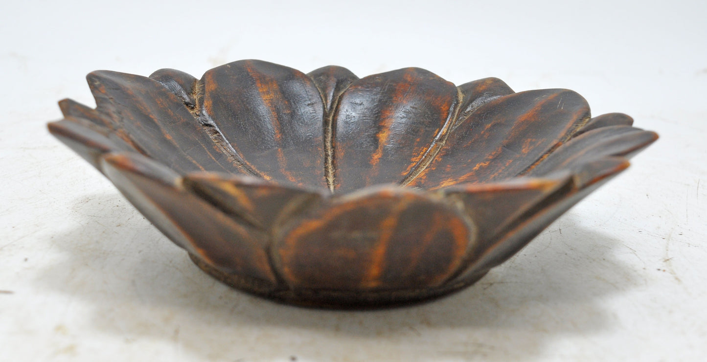Vintage Wooden Floral Lotus Shaped Bowl Original Old Hand Carved