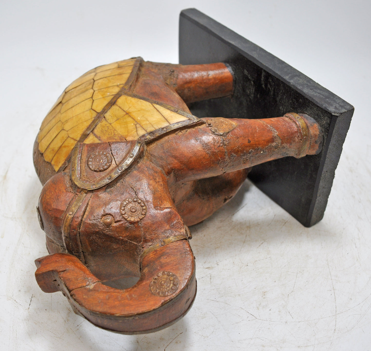 Vintage Wooden Elephant Figurine Original Old Hand Carved Bone Fitted