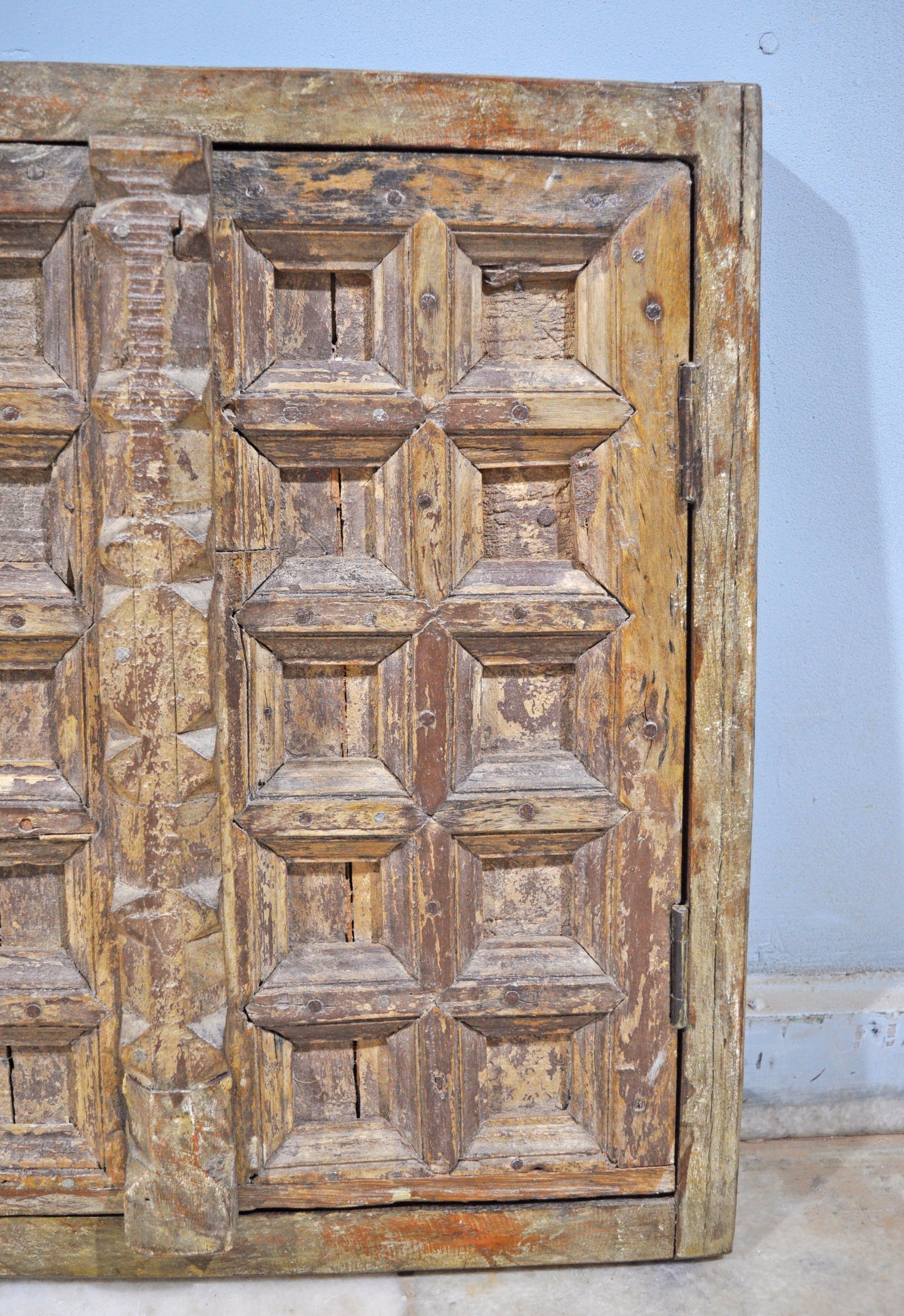 Antique Wooden Wall Décor Window Panel With Frame Square Blocks Crafted