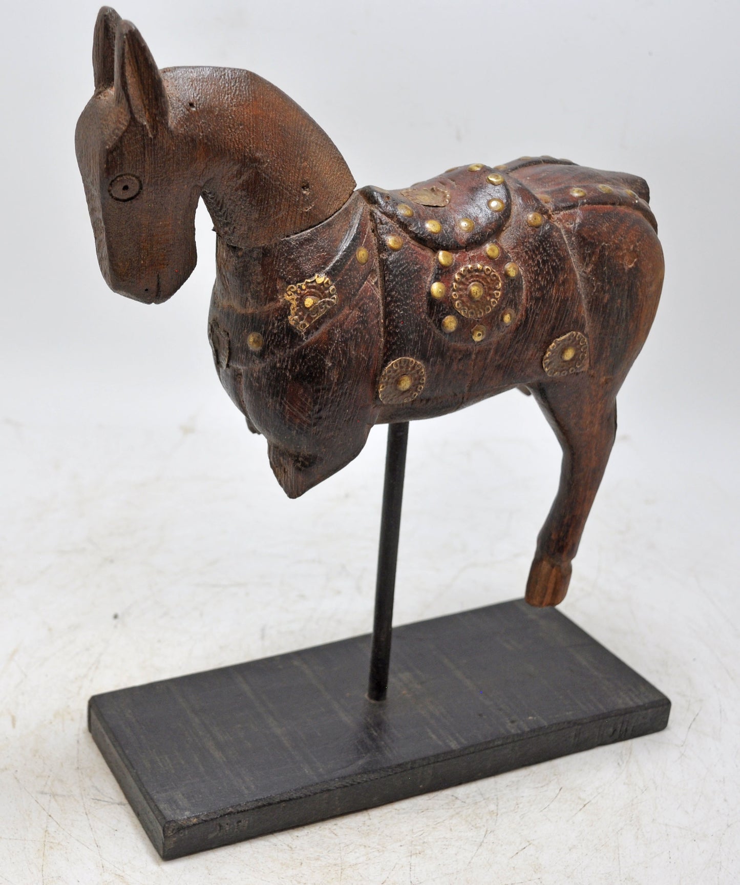 Vintage Wooden Horse Figurine on Stand Original Old Hand Carved Brass Fitted