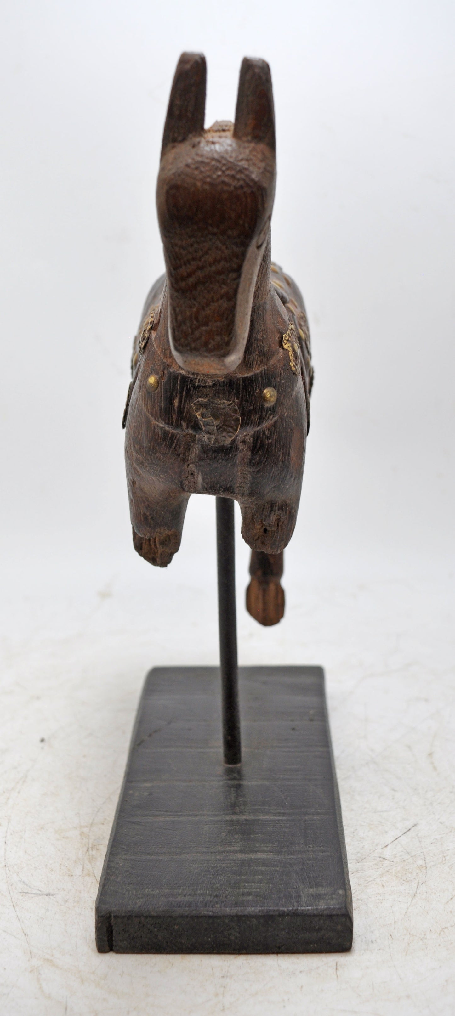Vintage Wooden Horse Figurine on Stand Original Old Hand Carved Brass Fitted