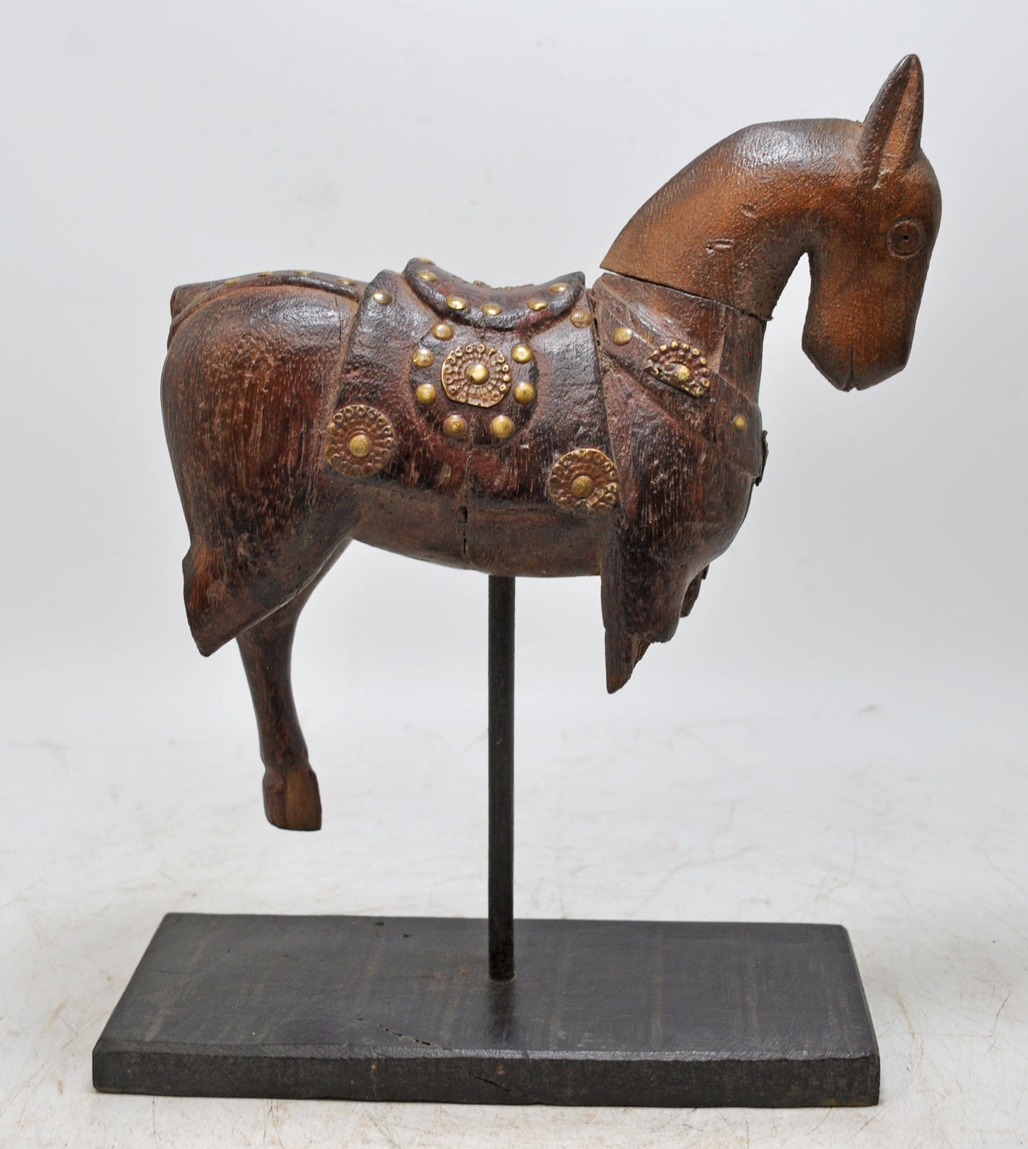 Vintage Wooden Horse Figurine on Stand Original Old Hand Carved Brass Fitted