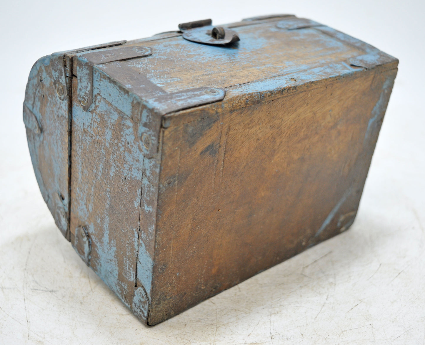 Vintage Wooden Half Round Top Storage Box Original Old Metal Fitted Polychrome