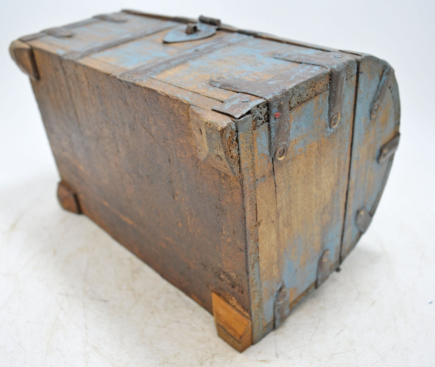 Vintage Wooden Half Round Top Storage Box Original Old Metal Fitted Polychrome