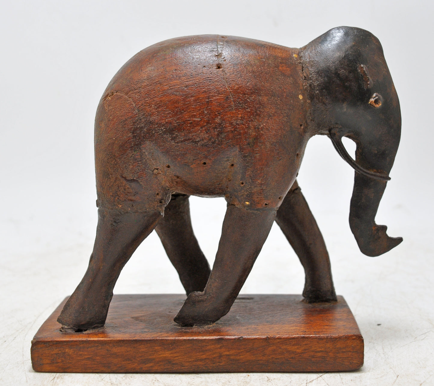 Vintage Wooden Iron Elephant Figurine Original Old Hand Carved