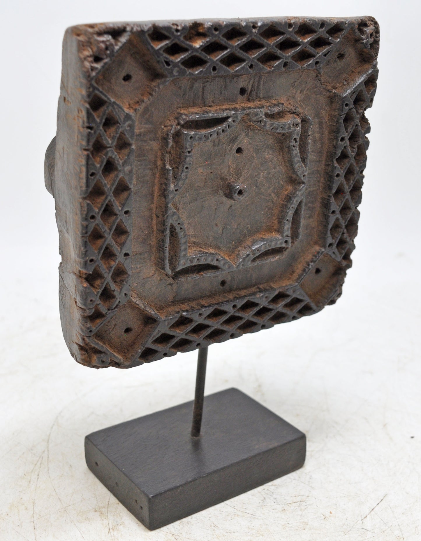 Antique Wooden Textile Printing Block on Stand Original Old Hand Carved