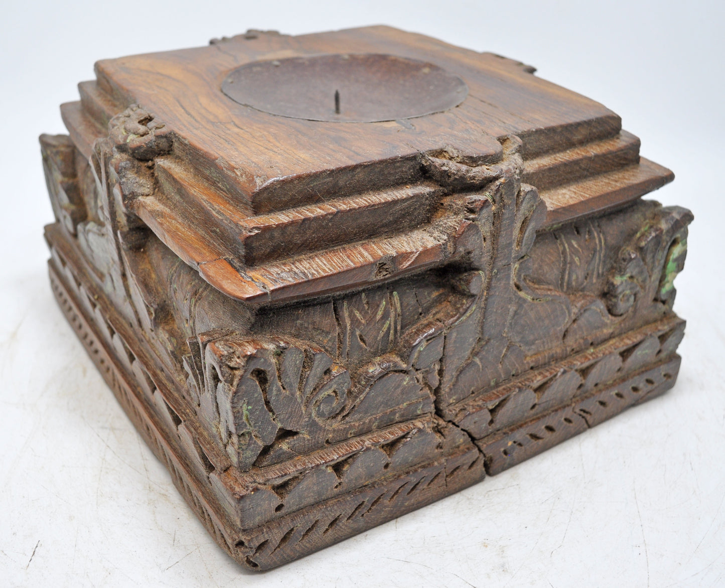 Antique Wooden Pillar Column Base Candle Holder Original Old Fine Hand Carved