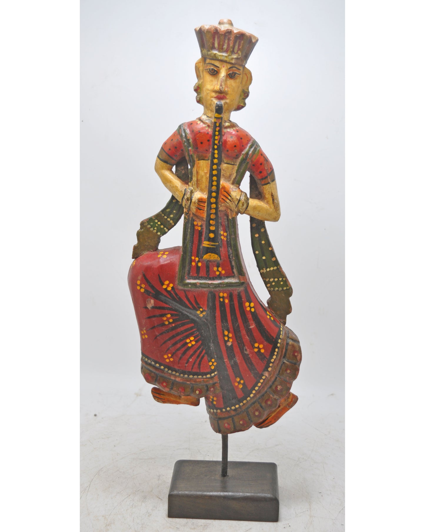 Vintage Wooden Woman Lady Musician Figurine Original Old Hand Carved Painted
