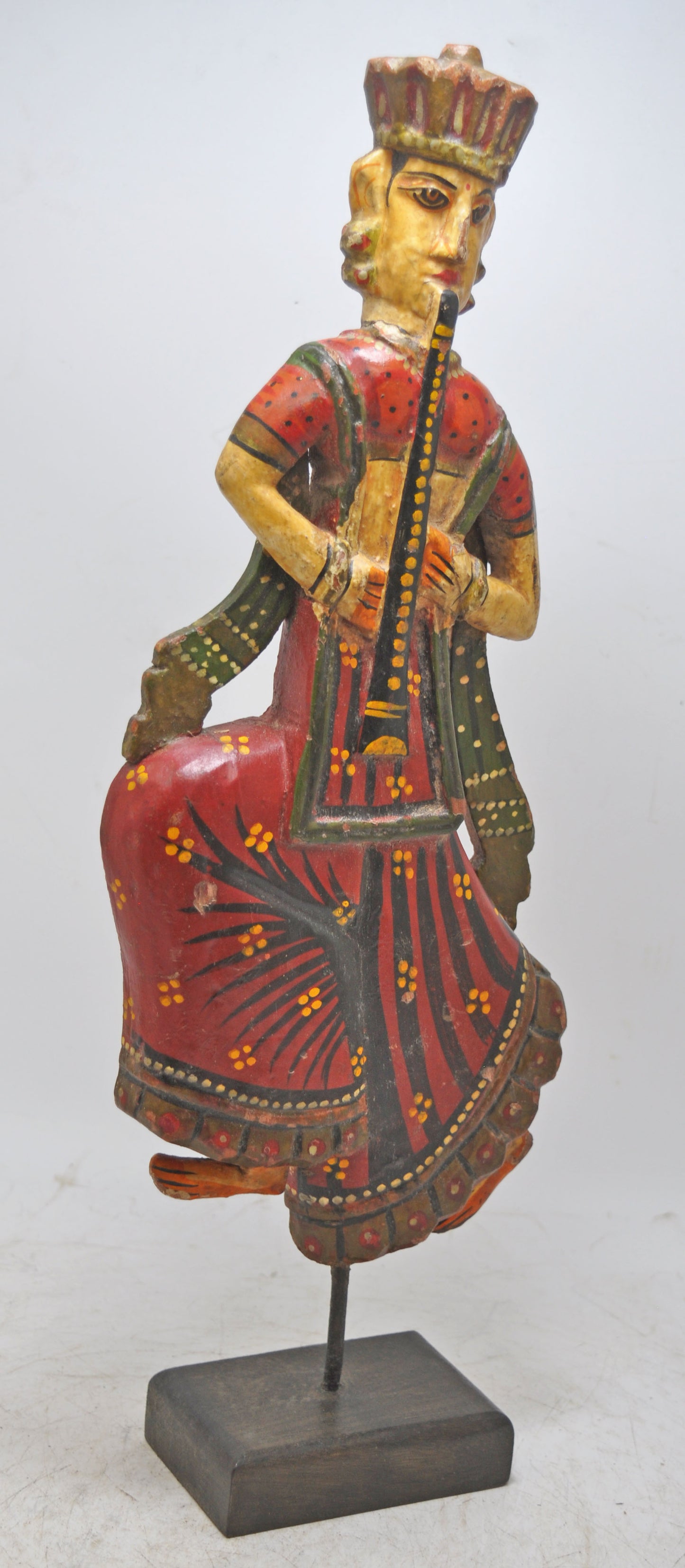 Vintage Wooden Woman Lady Musician Figurine Original Old Hand Carved Painted