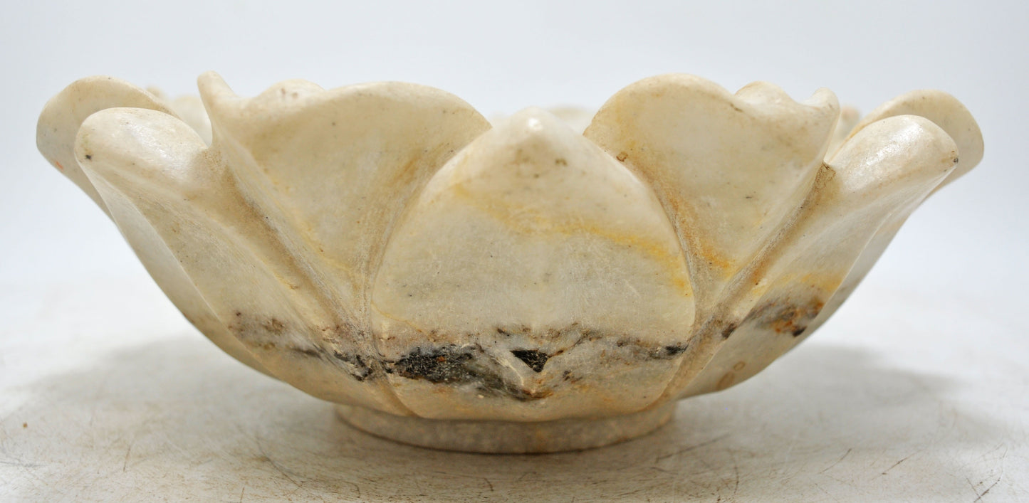 Fine Hand Carved White Marble Lotus Shaped Floral Bowl