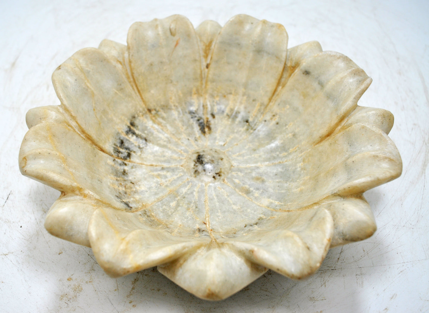 Fine Hand Carved White Marble Lotus Shaped Floral Bowl