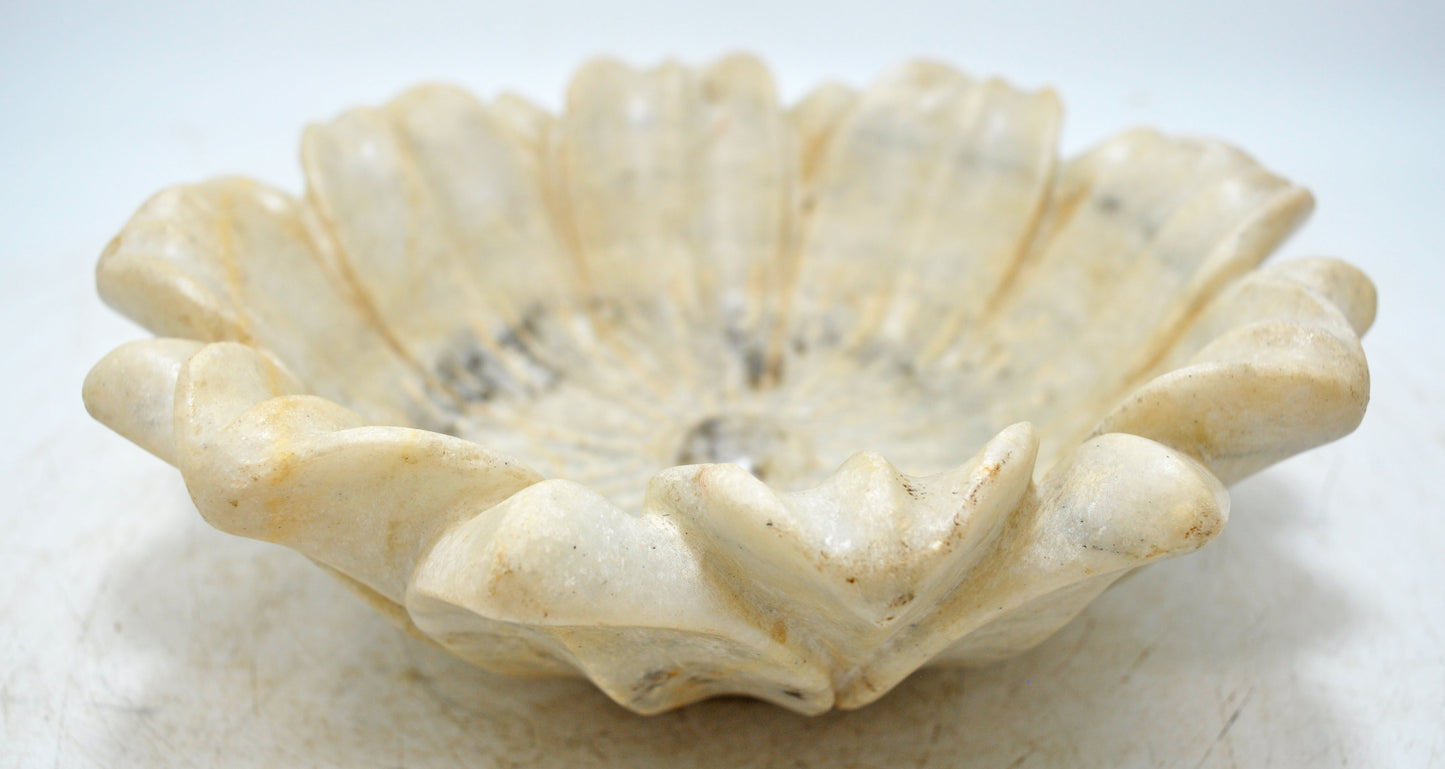 Fine Hand Carved White Marble Lotus Shaped Floral Bowl