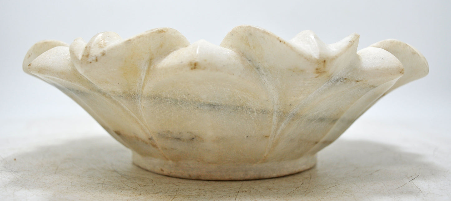 Fine Hand Carved White Marble Lotus Shaped Floral Bowl