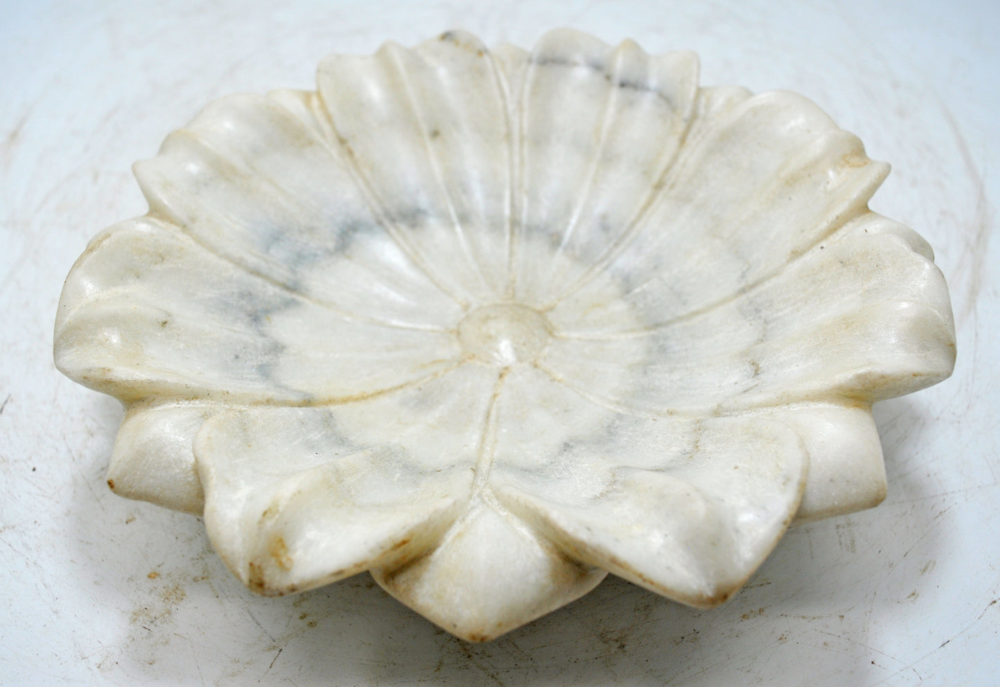 Fine Hand Carved White Marble Lotus Shaped Floral Bowl