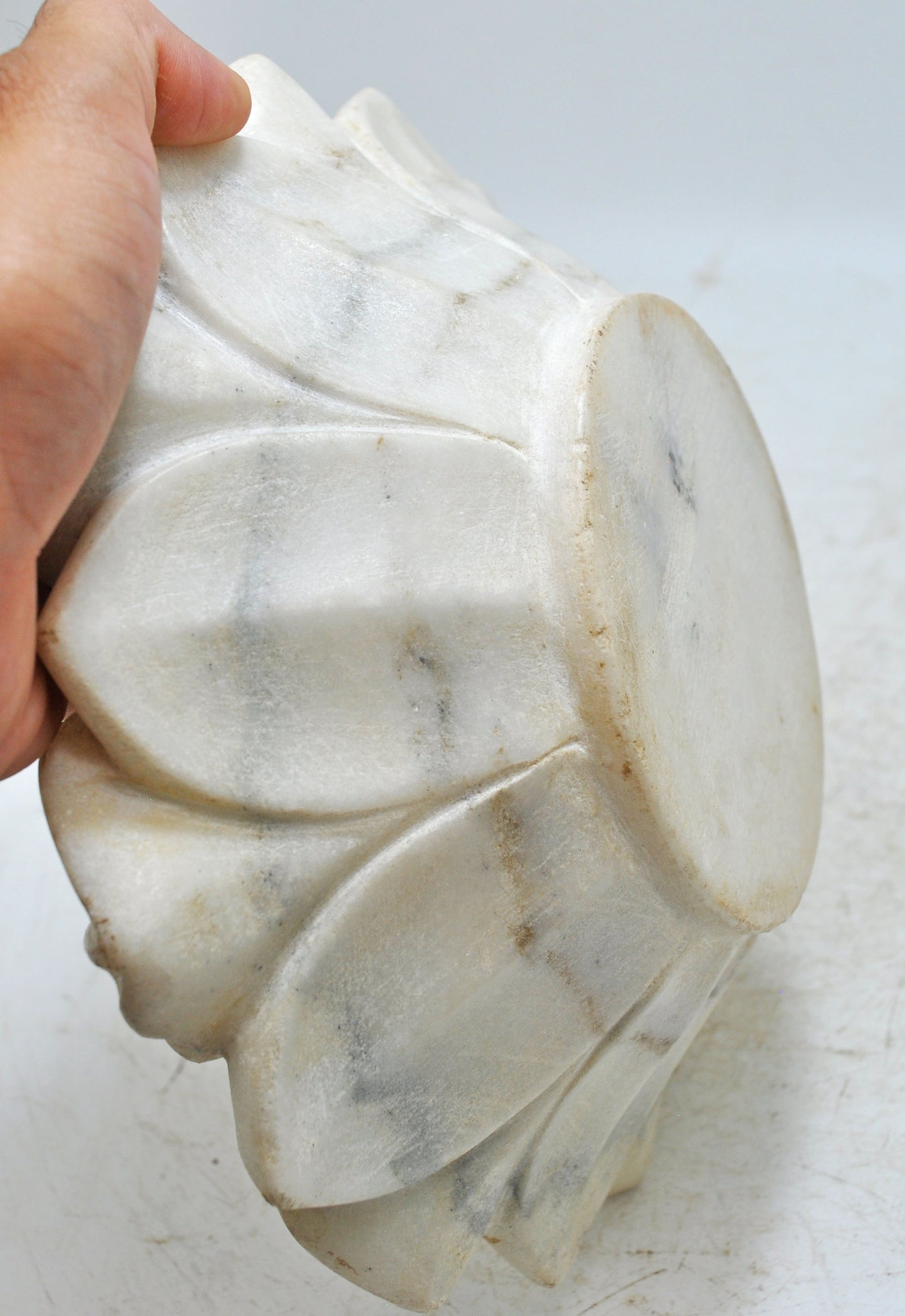 Fine Hand Carved White Marble Lotus Shaped Floral Bowl