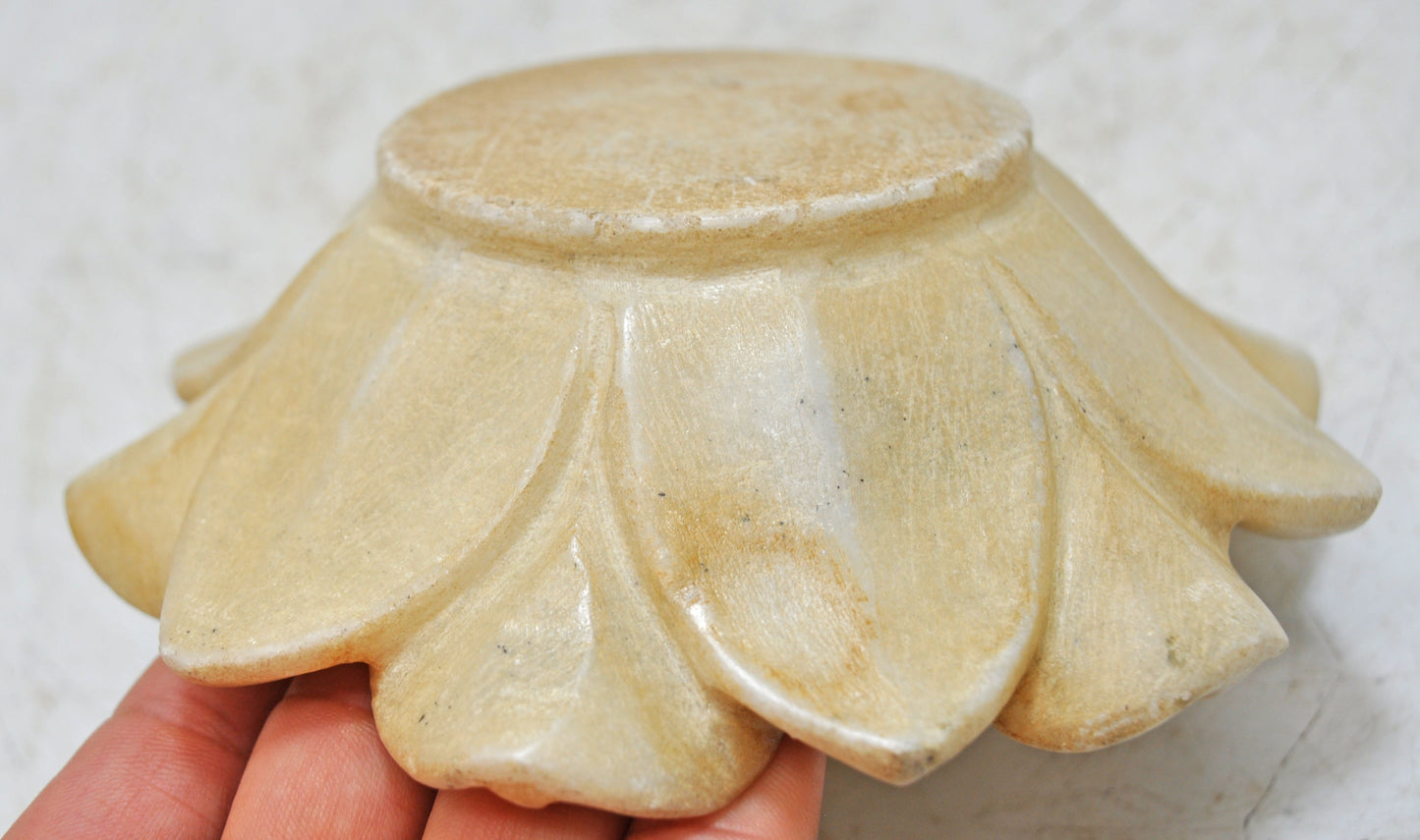 Fine Hand Carved White Marble Lotus Shaped Floral Bowl