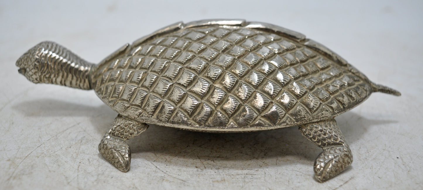 Vintage White Metal Brass Tortoise Turtle Figurine Original Old Fine Hand Crafted Engraved