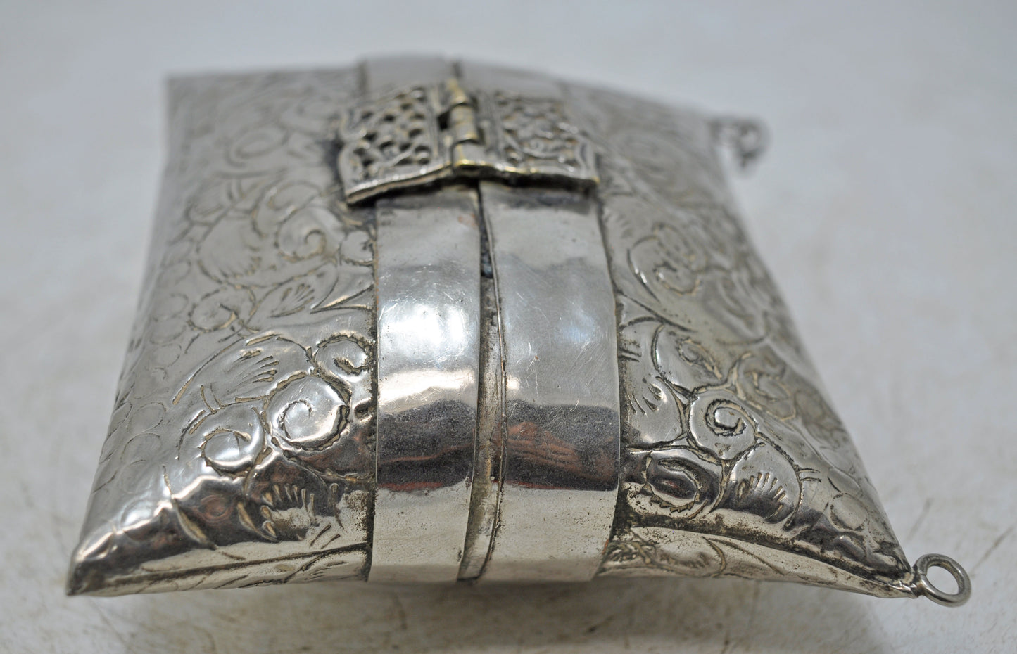 Vintage White Metal Brass Purse Shaped Coin Money Box Original Fine Engraved
