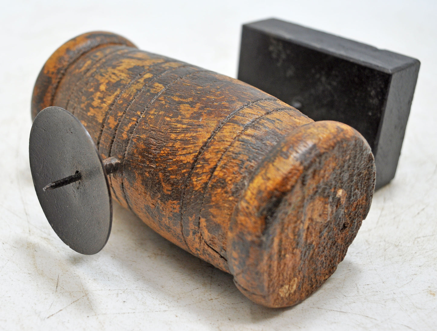 Antique Wooden Thread Spool Pin Candle Holder Original Old Hand Carved