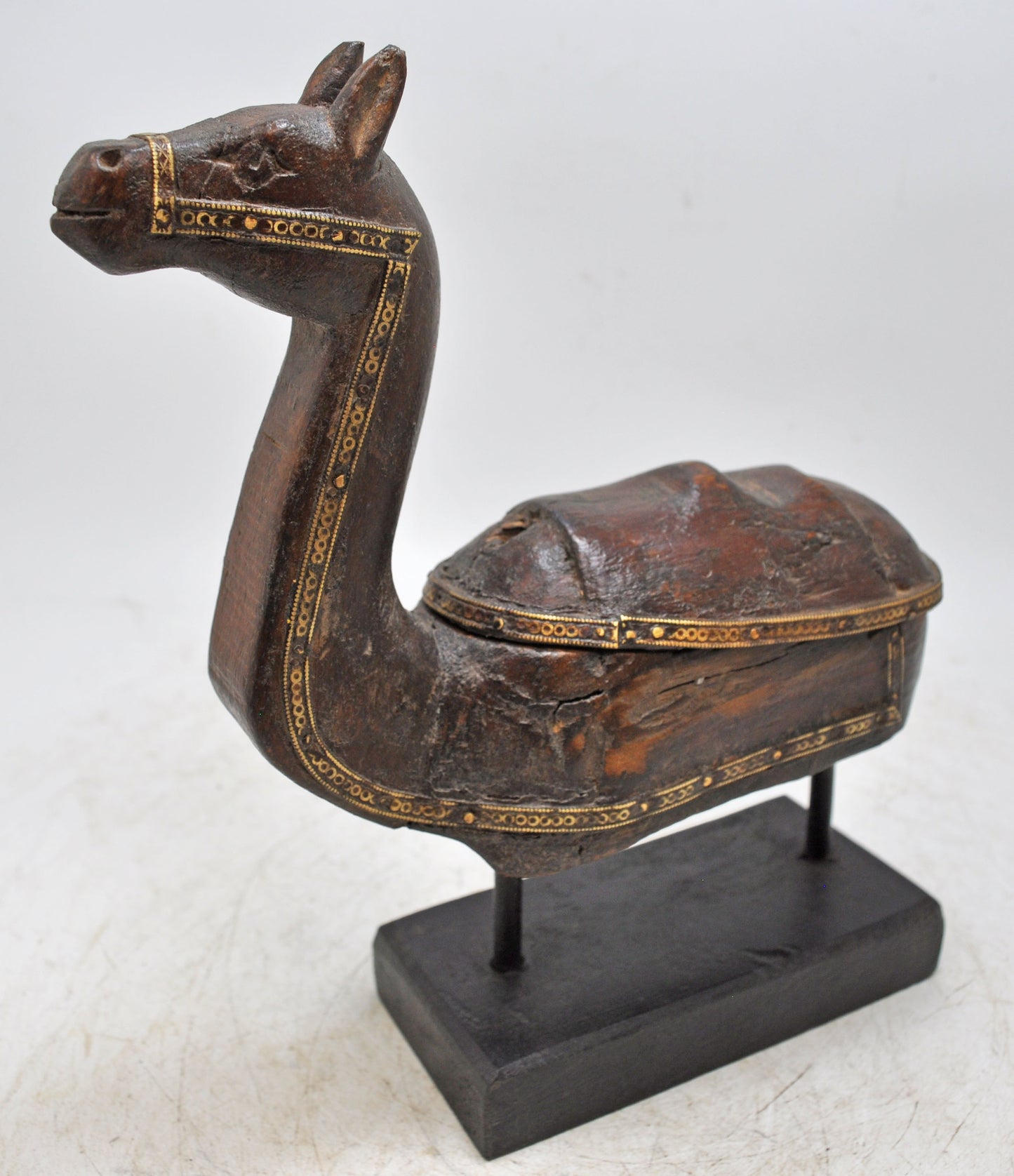 Vintage Wooden Camel Figurine Original Old Hand Carved Brass Fitted