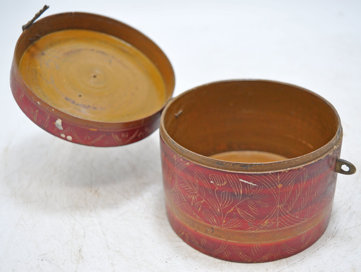 Antique Wooden Kum Kum Powder Tika Box Original Old Hand Carved Lacquer Painted