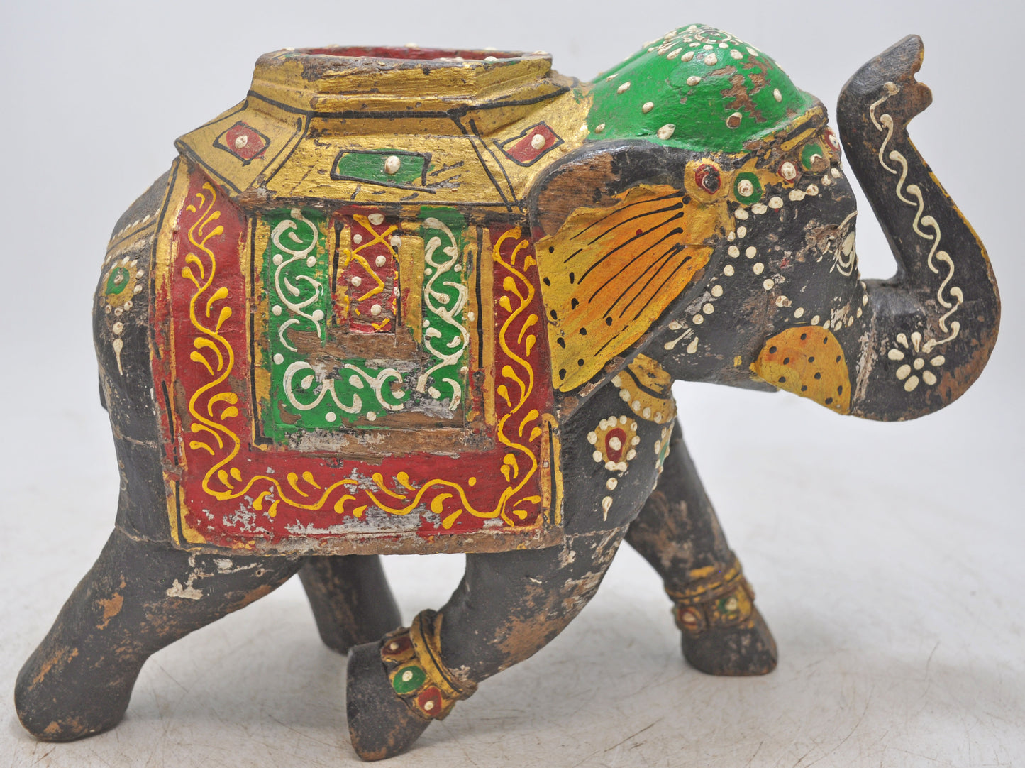 Vintage Wooden Elephant Figurine Original Old Hand Carved Painted