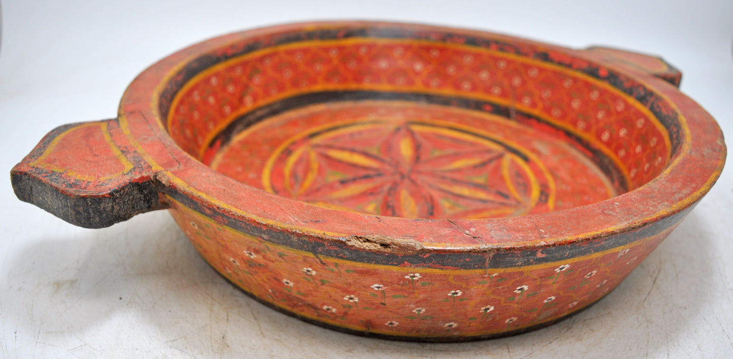 Vintage Wooden Round Parat Bowl With Handle Original Old Hand Carved Painted