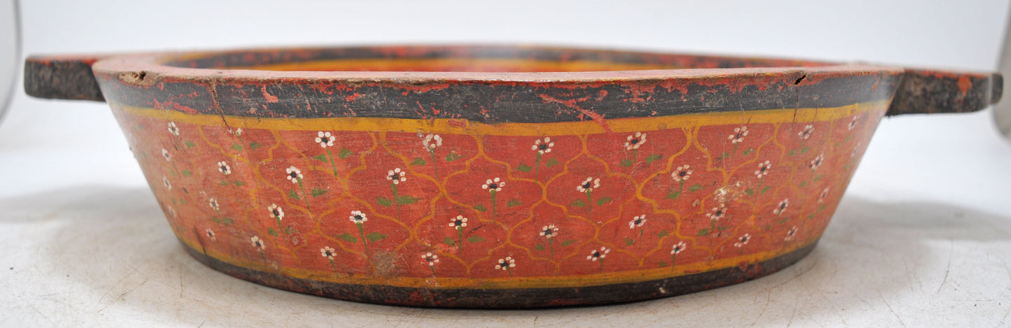 Vintage Wooden Round Parat Bowl With Handle Original Old Hand Carved Painted