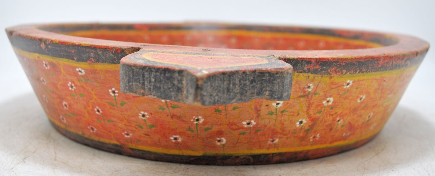 Vintage Wooden Round Parat Bowl With Handle Original Old Hand Carved Painted