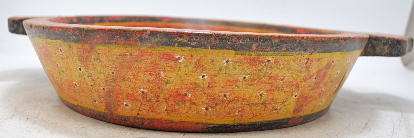 Vintage Wooden Round Parat Bowl With Handle Original Old Hand Carved Painted