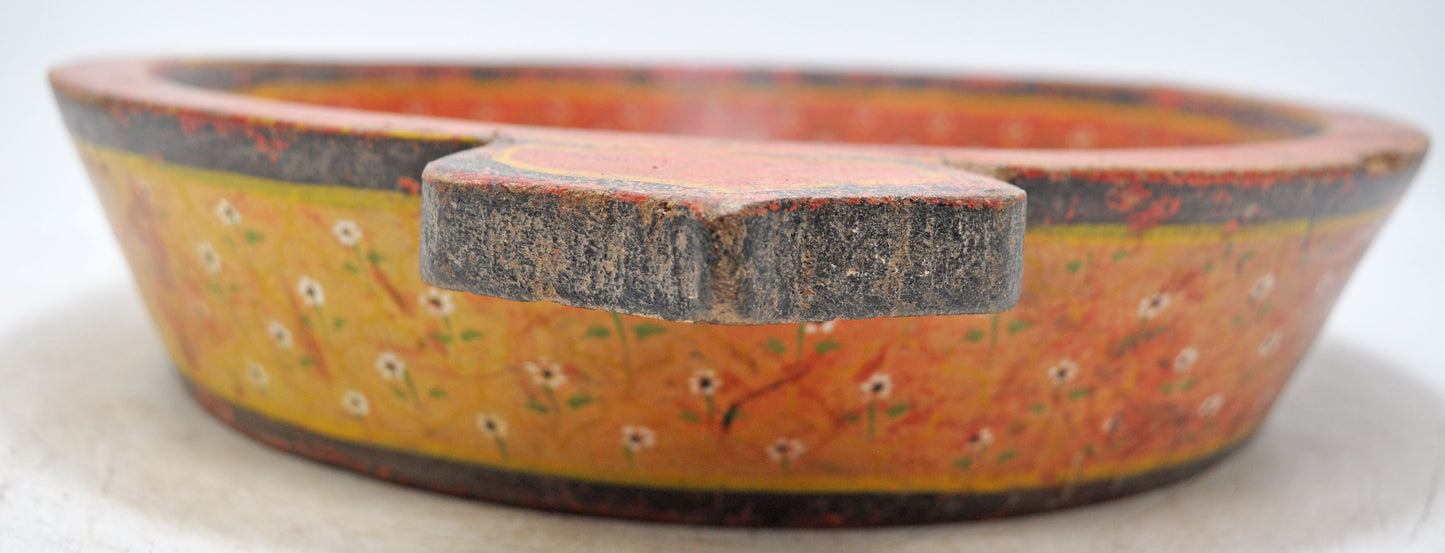 Vintage Wooden Round Parat Bowl With Handle Original Old Hand Carved Painted