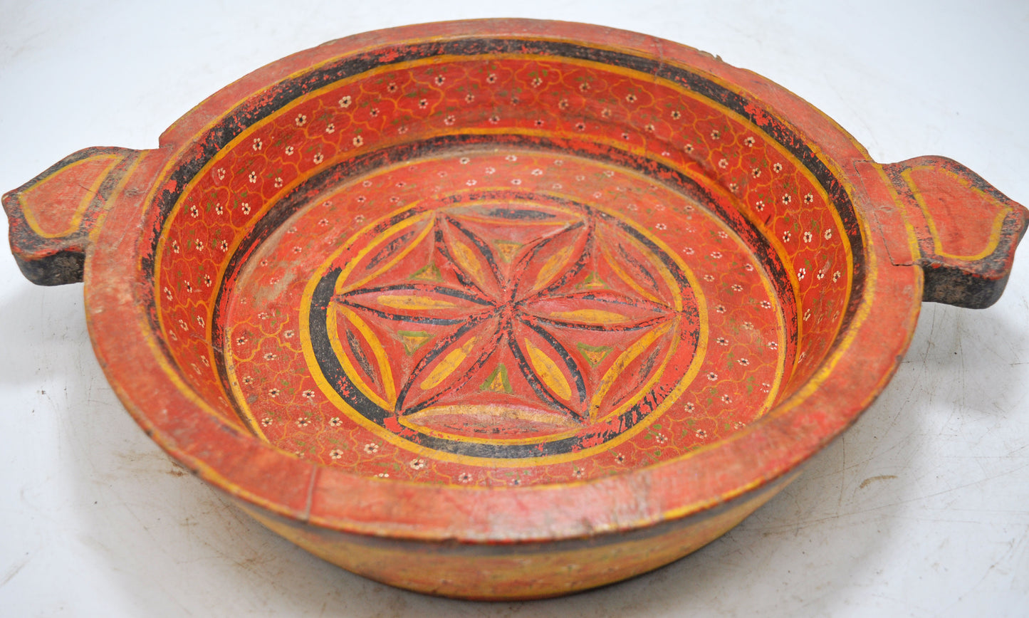 Vintage Wooden Round Parat Bowl With Handle Original Old Hand Carved Painted