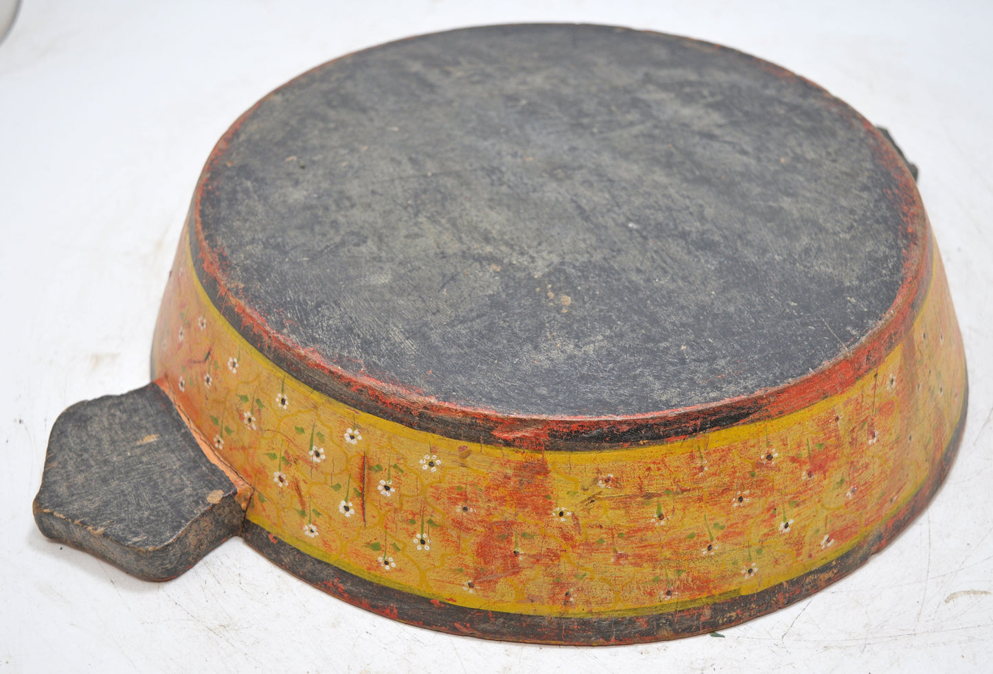 Vintage Wooden Round Parat Bowl With Handle Original Old Hand Carved Painted
