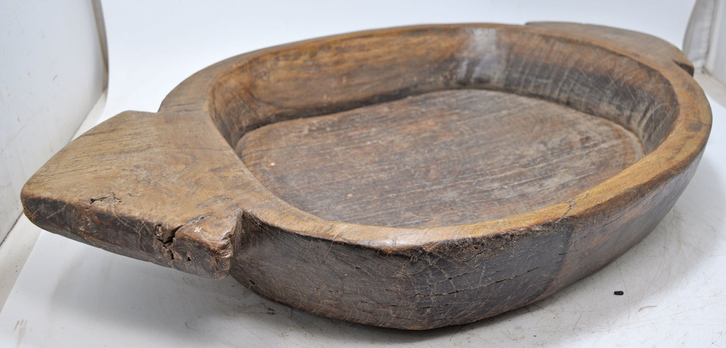 Antique Wooden Large Heavy Parat Bowl With Handles Original Old Hand Carved