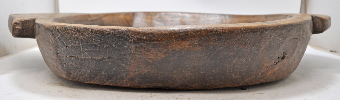 Antique Wooden Large Heavy Parat Bowl With Handles Original Old Hand Carved