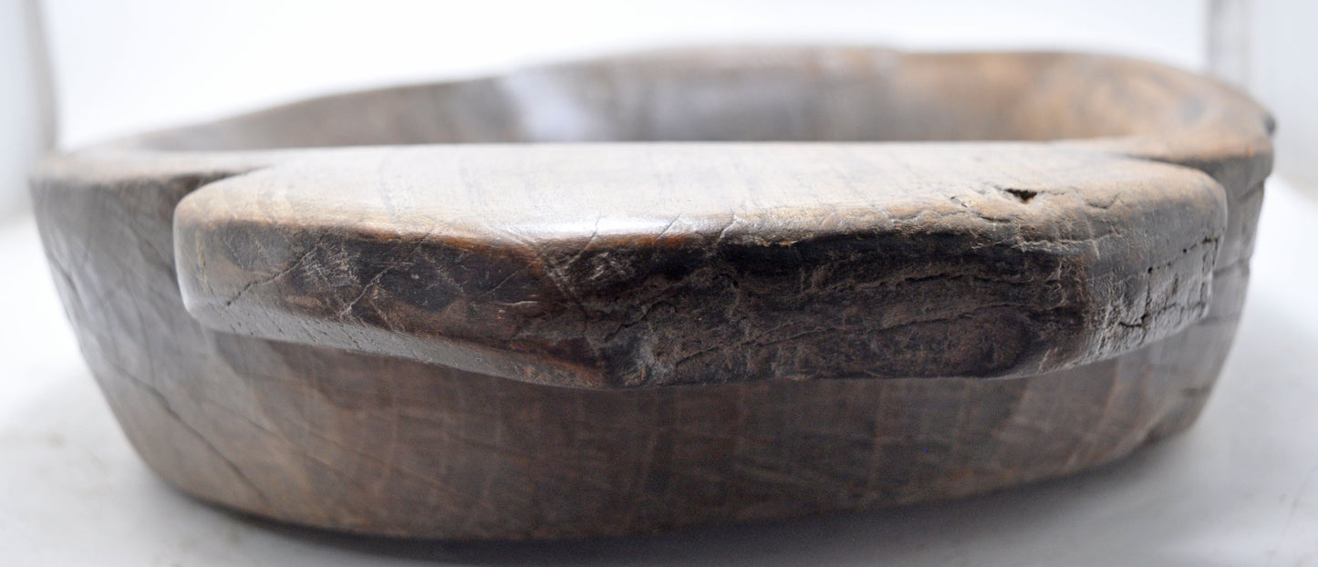 Antique Wooden Large Heavy Parat Bowl With Handles Original Old Hand Carved